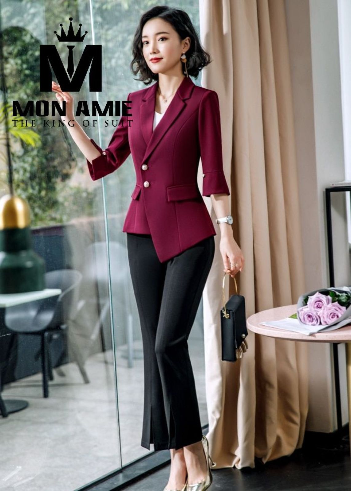 Redwine Assymetrical Notch Lapels Suit With Trousers 